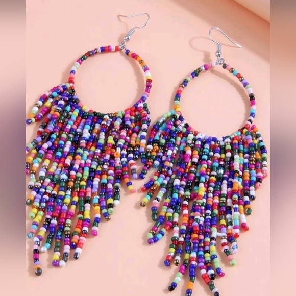 Long‎ Beaded Tassel Earrings Bohemian Handmade Seed Beaded Round Tassel Dangle - Picture 1 of 3